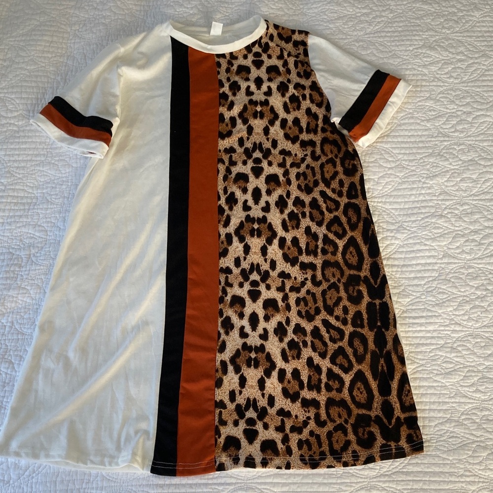 Leopard Print Colorblock Midi Aline Tshirt Dress, Large
